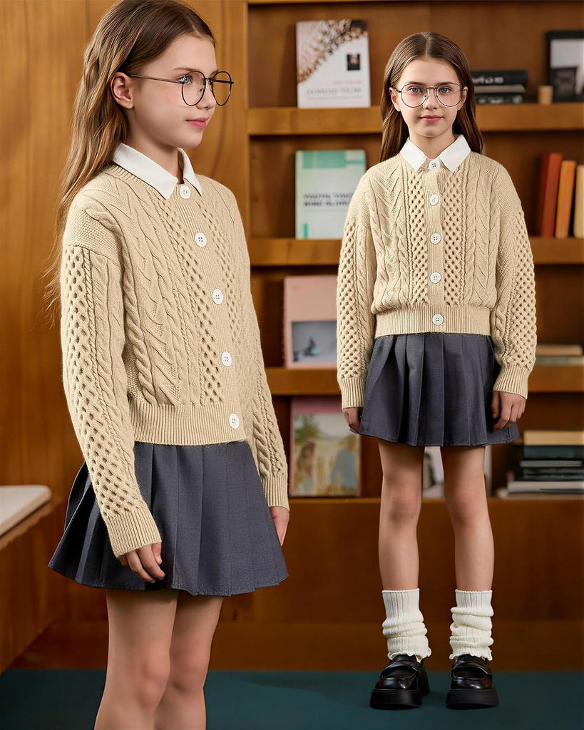 Long Sleeve Chunky Cable Knit Cardigan for Girls Button Front Uniform School Sweater