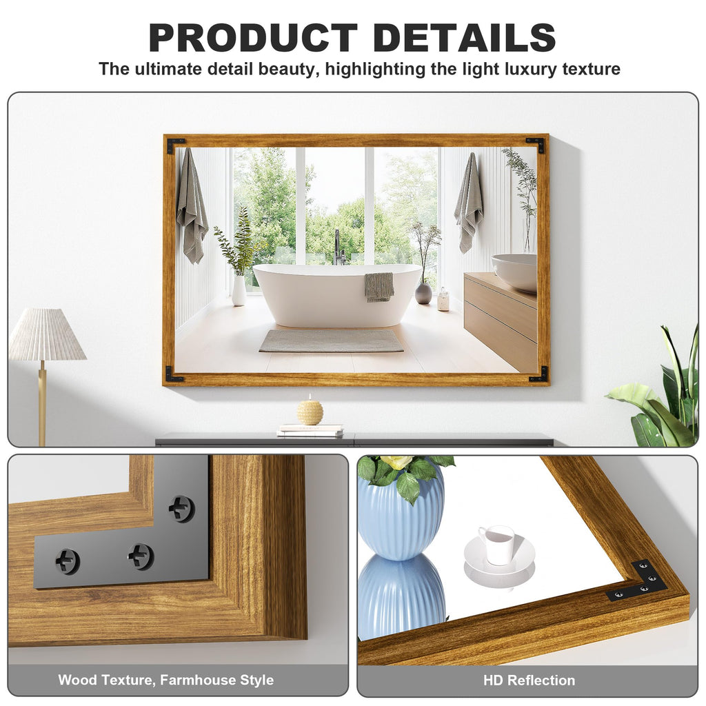 Farmhouse Bathroom Mirror, 48"x32" Rustic Wood Framed Wall Mounted Mirror, Walnut Vintage Vanity Mirror Modern