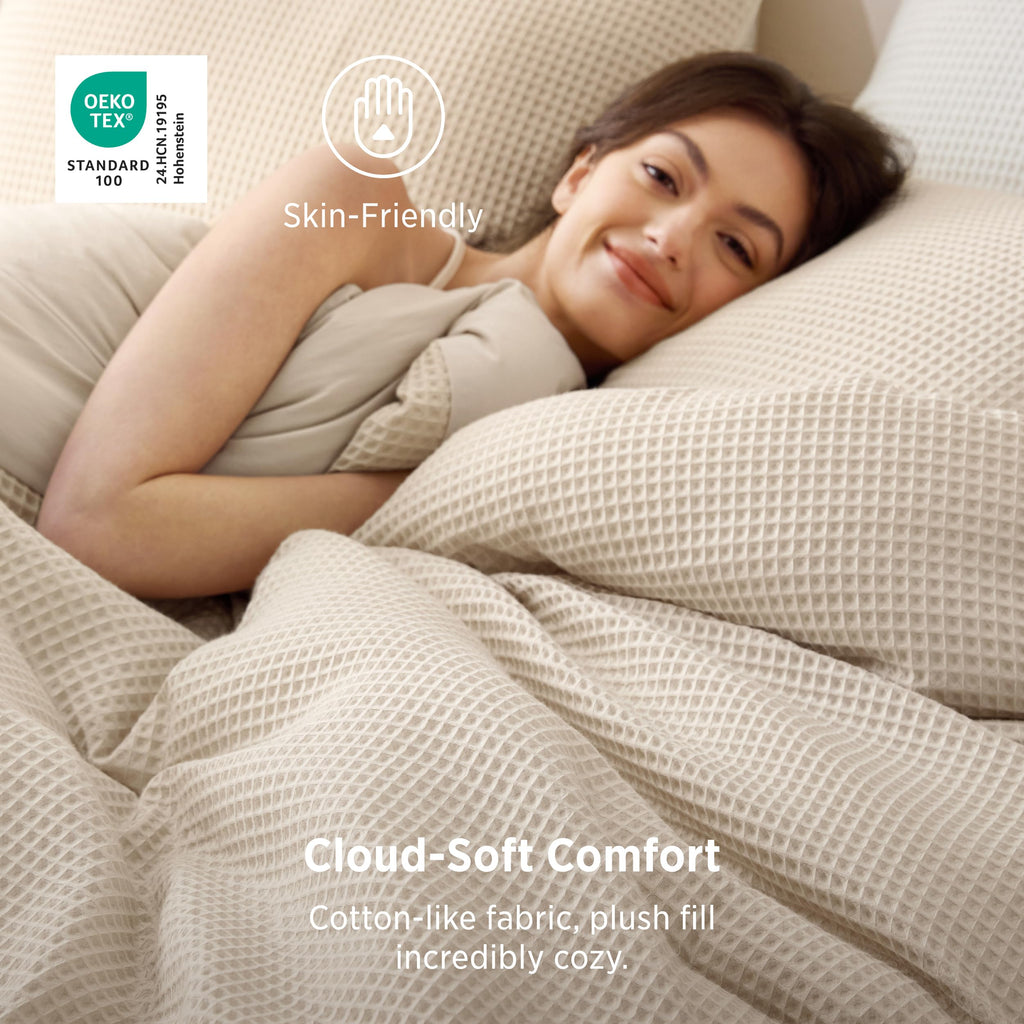 Beige Comforter Set, Waffle Ultra Soft Bedding 3 Pieces