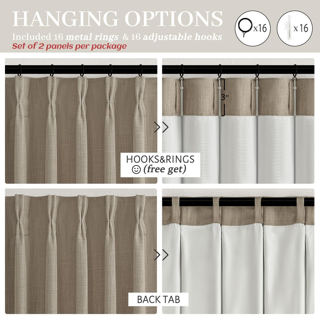 Burlywood Birch Thick Linen Blackout Curtains 98 Inches Long for Sliding Glass Door, Memory Trained Pleated Dual