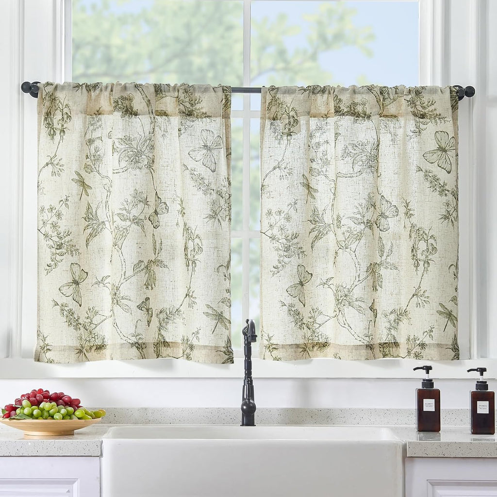 Green Floral Linen Kitchen Curtains 24 Inch Long, Linen Farmhouse Cafe Rustic Country Small Curtains Rod Pocket Tiers