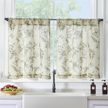 Green Floral Linen Kitchen Curtains 24 Inch Long, Linen Farmhouse Cafe Rustic Country Small Curtains Rod Pocket Tiers