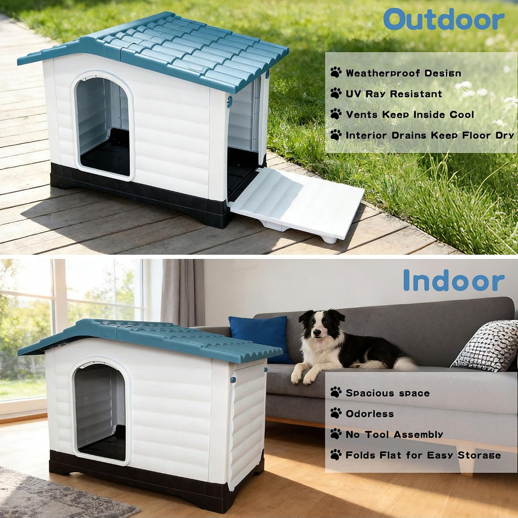 Outdoor Indoor Dog House for Small Dogs, 2-Door Plastic Dog House with Elevated Floor and Air Vents, Weatherproof Pet