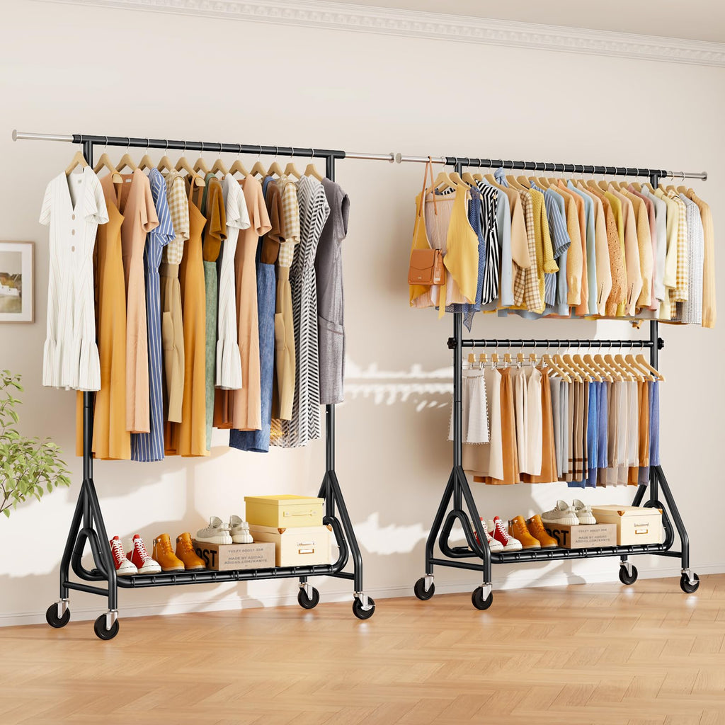 Double Rods Clothing Rack, Heavy Duty Clothes Rack for Hanging Clothes Load 560LBS, Metal Rolling Garment Racks with