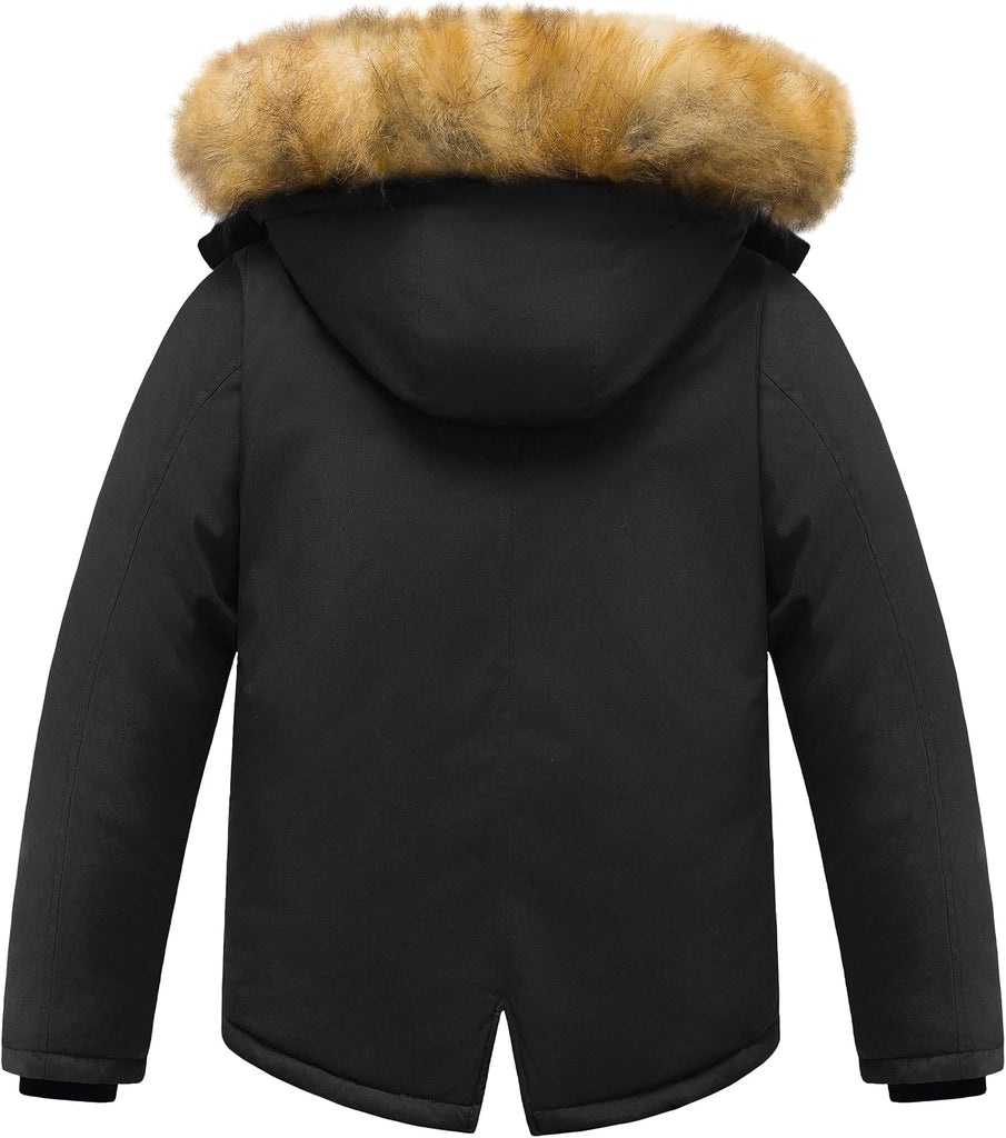 Boy's Waterproof Winter Sherpa Parka Coat Med-Length Outerwear Jackets With Detachable Furry Hood