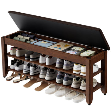 39.4" Wide Solid Wood Shoe Rack Bench with Flip-Top Storage