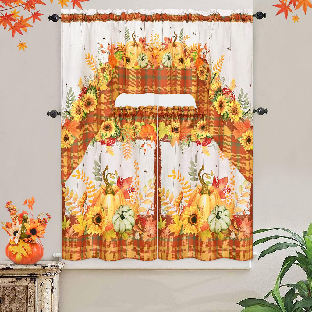 Fall Thanksgiving Swag Curtain - Pumpkin Sunflower, Buffalo Plaid Kitchen Curtain - 61" W x 36" L, 1 Panel Rod Pocket