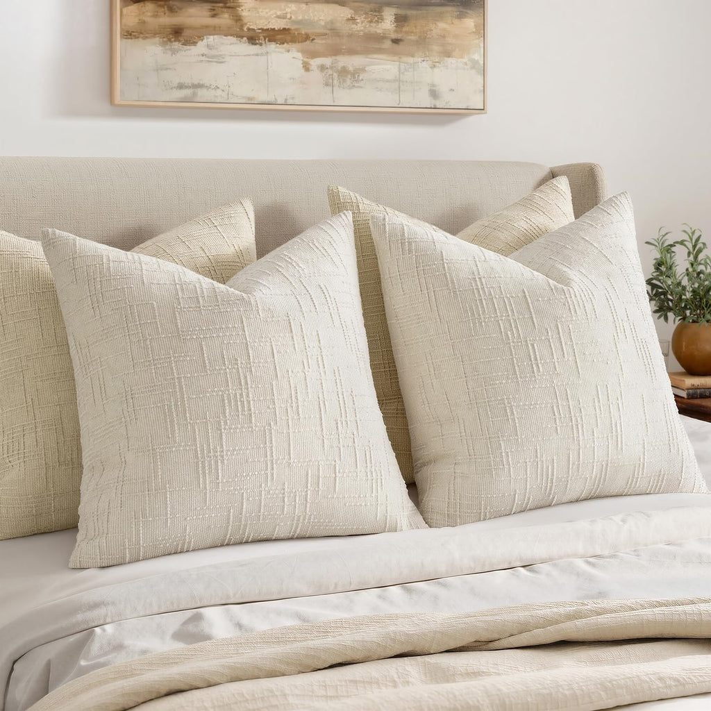 Textured Throw Pillow Covers Thick Chenille Decorative Pillows Cream White 18x18 Inch Set of 2 Modern Boho Farmhouse