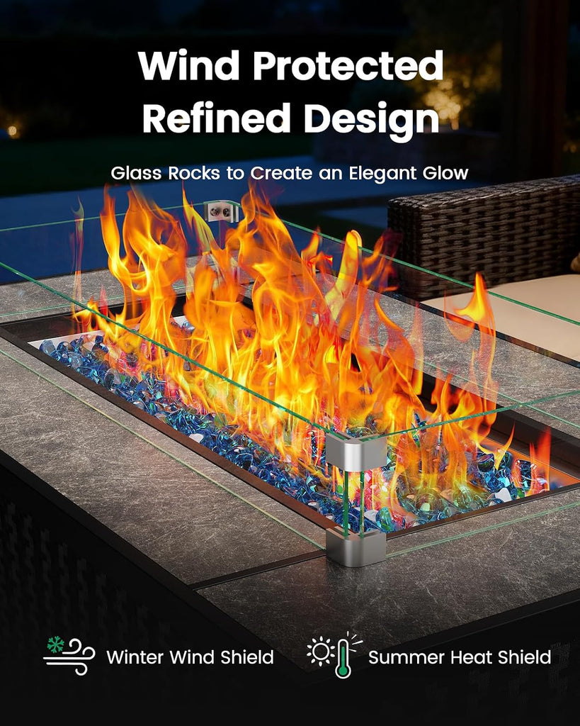 43′′ Fire Pit Table, Outdoor Propane Fire Pit Table with Premium Ceramic Tabletop, Glass Wind Guard, Lid, Glass Rock