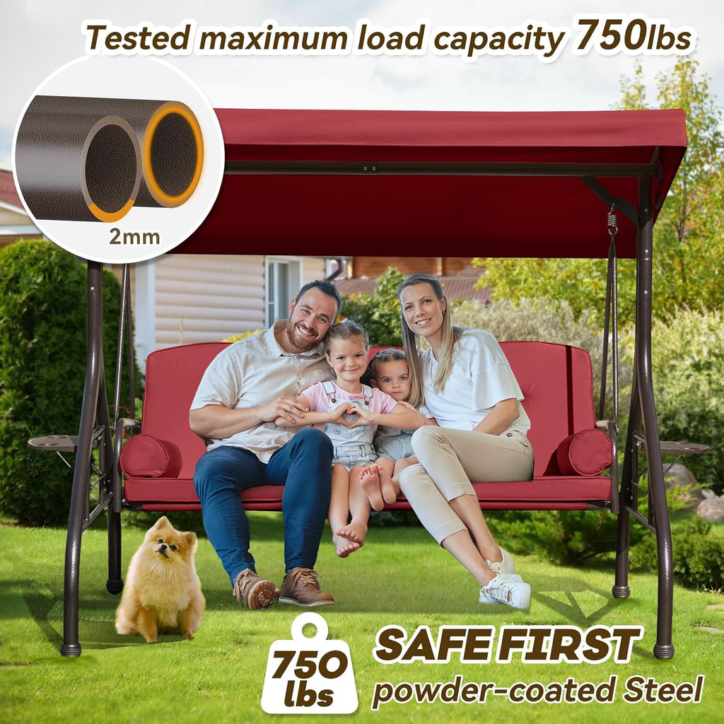 3 in 1 Outdoor Porch Swing with Adjustable Canopy, 3 Seat Outdoor Swing for Adults, Patio Swing Chair with Thickened
