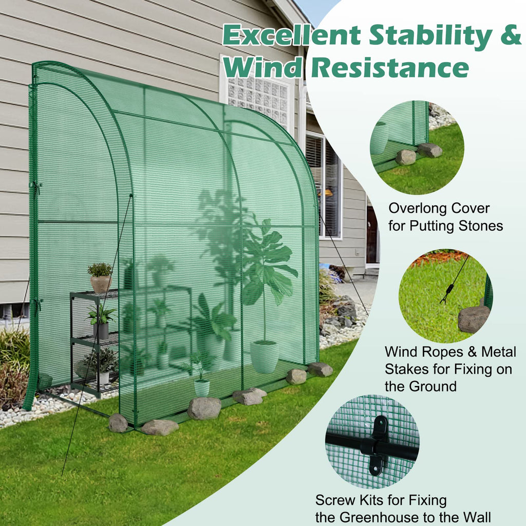 7 x 3.5 x 7 ft Greenhouse, Mini Lean-to Walk-in Green House with 3 Tiers Flower Rack & Weatherproof PE Cover, Roll-up
