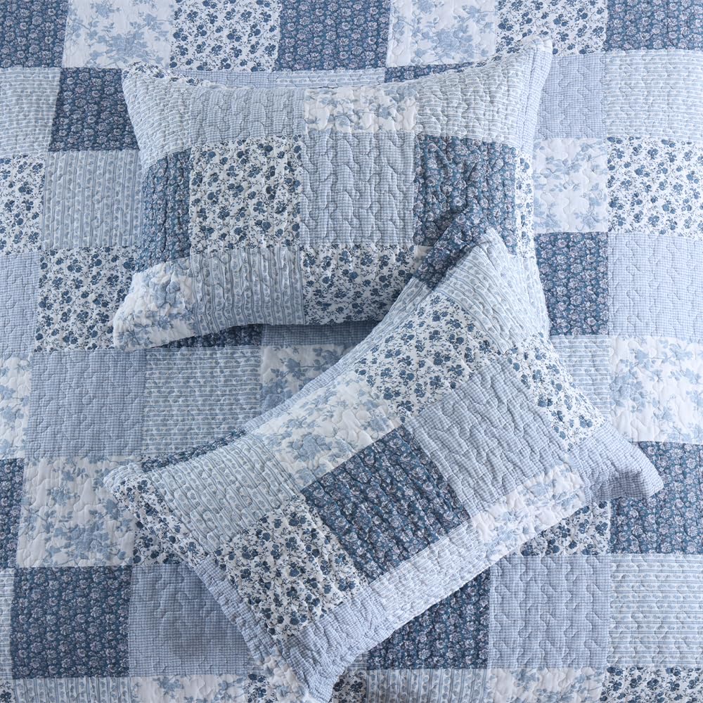 Cotton Bedspread Quilt, Reversible Lightweight Coverlets with 2 Shams, Rose Floral Plaid Pattern Rustic