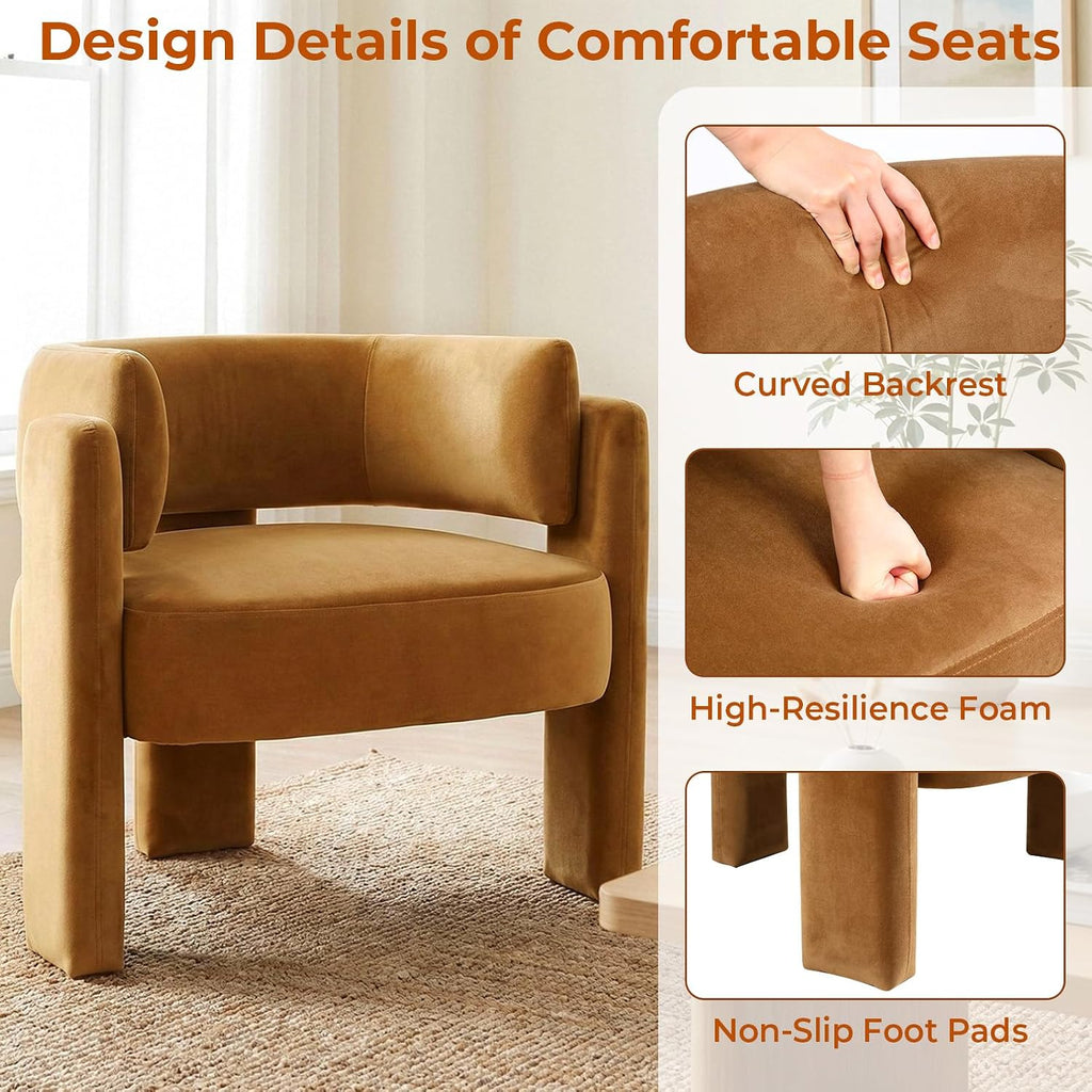 Modern Velvet Accent Chair, Comfy Upholstered Barrel Chairs (1, Khaki) | Accent Chairs with 3 Legs, Side Arm Chair