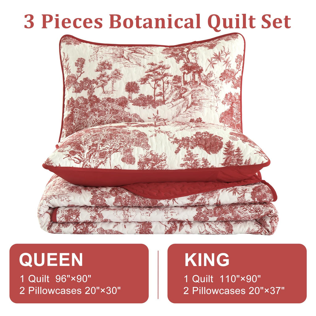 Quilt Set Queen, Botanical Floral Bedspread, Christmas Red
