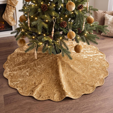 Velvet Christmas Tree Skirt Decor, 60 Inches, Scalloped Edge, Gold