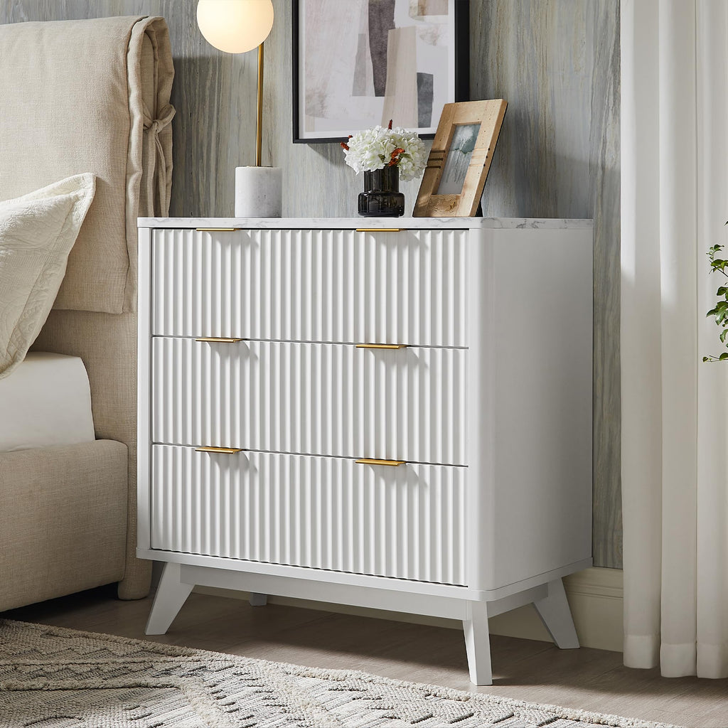 32" Fluted 3 Drawer Dresser, Solid White