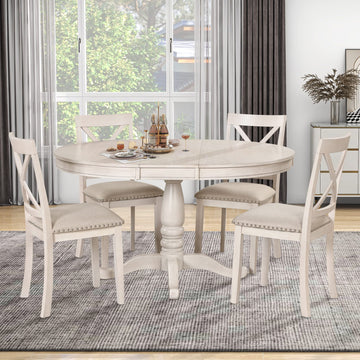 5 Piece Extendable Dining Table Set for 4, Kitchen Table and Chairs Set, 4 X-Back Solid Wood Dining ChairSet