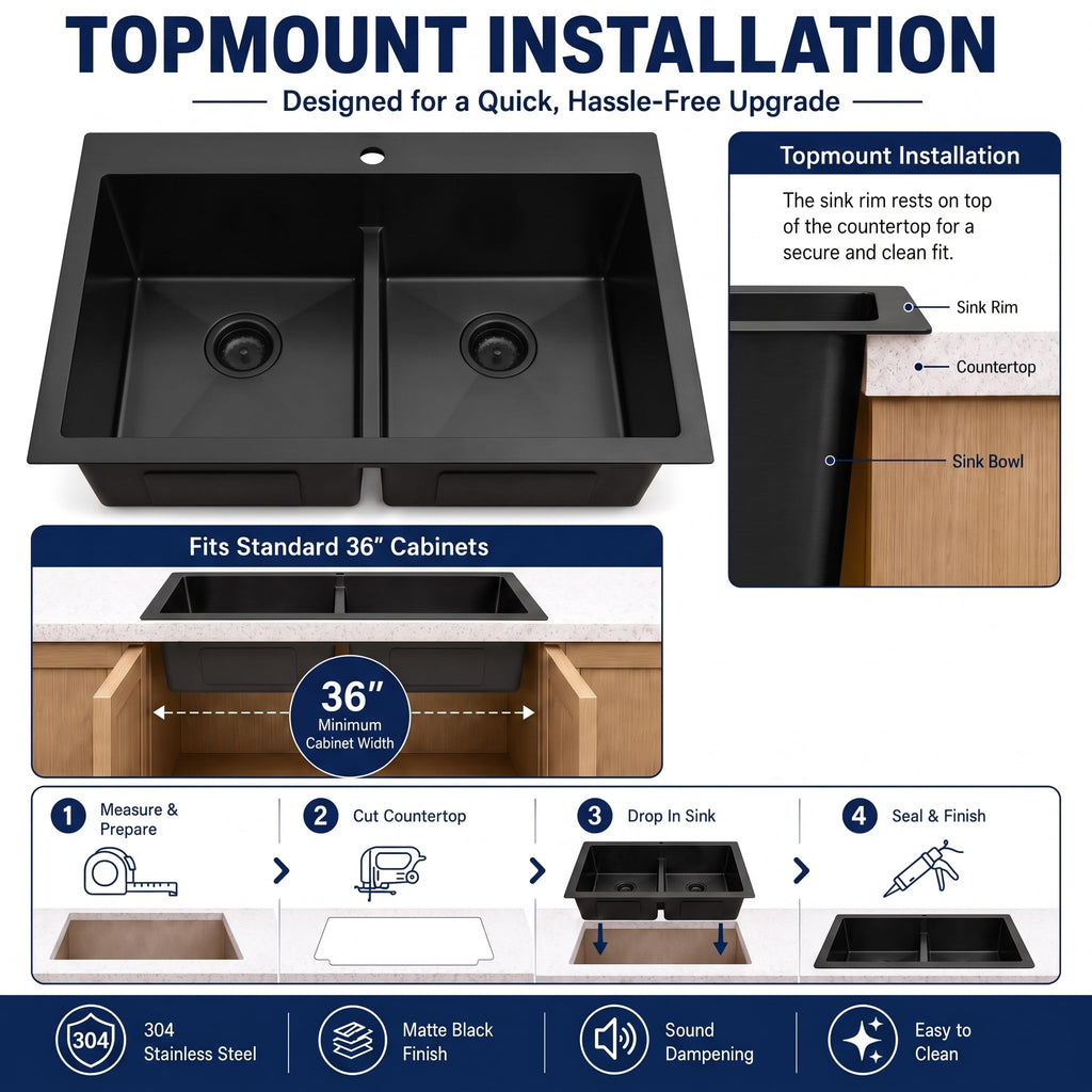 Black, 33x22 Drop In Black, Top Mount Stainless Steel Sink, Large Capacity, 50/50 Double Bowl Sink with Unique