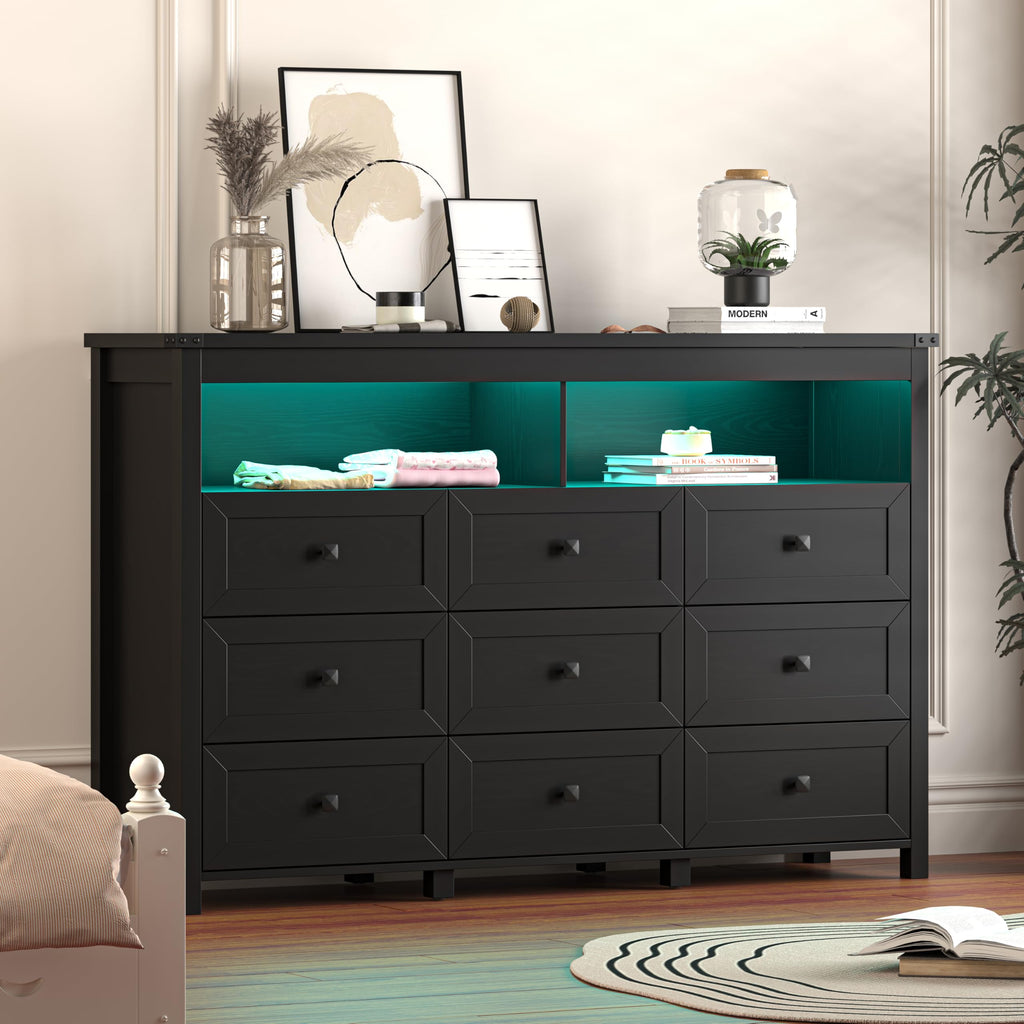 Dresser with 9 Drawers, LED Lights, Power Outlet, Black