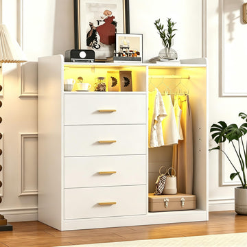 Dresser with Clothes Rack Wood, 4 Drawer Dresser White with LED Lights and Power Outlet, 15.7" D x 43.3" W x 45.7" H
