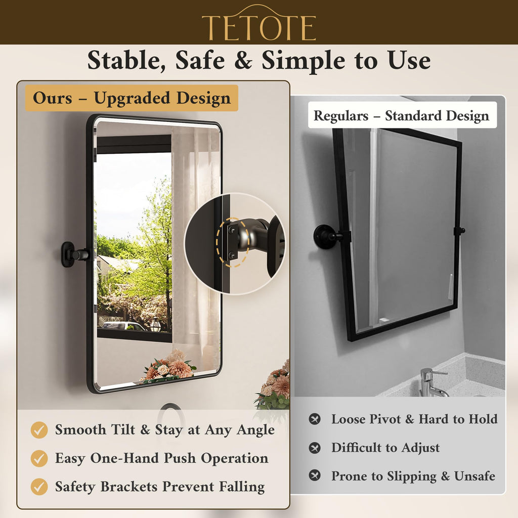 Pivot Mirror 16 x 20 Matte Black Tilt Beveled Rectangle Metal Framed Pivoting Bathroom Vanity Mirror, Modern
