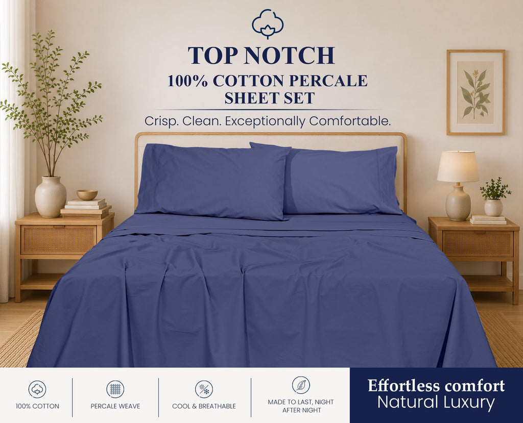 100% Cotton California King Sheets, Percale Weave, Classic Blue