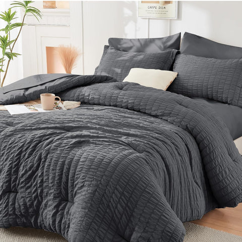 Full Comforter Sets Seersucker 7 Pieces, All Season Luxury Bed in a Bag, Bedding Set with Comforters, Sheets