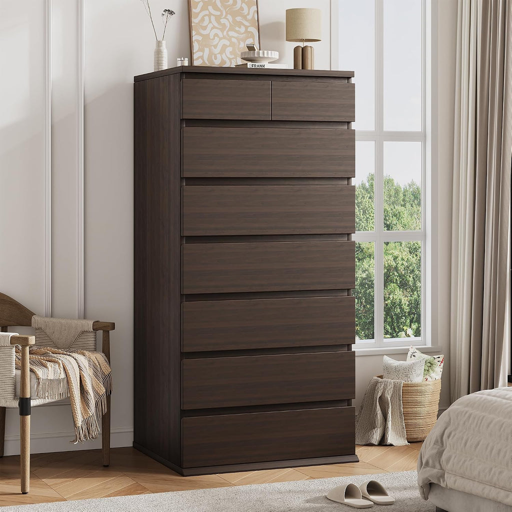 Brown Tall 8 Drawer Dresser ,Dressers & Chests of Drawers with Jewelry Storage,Wood Storage Dresser with Deep Drawers