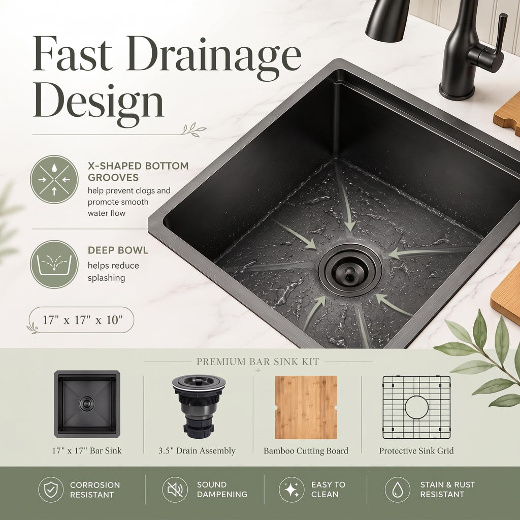 17x17 Inch Black Undermount Stainless Bar Sink with Cutting Board