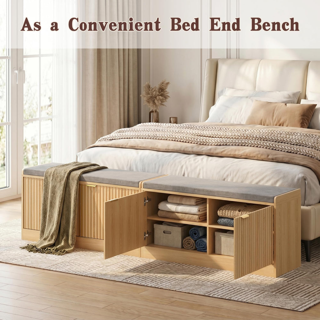 2-Tier Fluted Shoe Storage Bench with Adjustable Shelves and Cushion, Oak丨Entryway Shoe Bench Hidden Shoe Cabinet