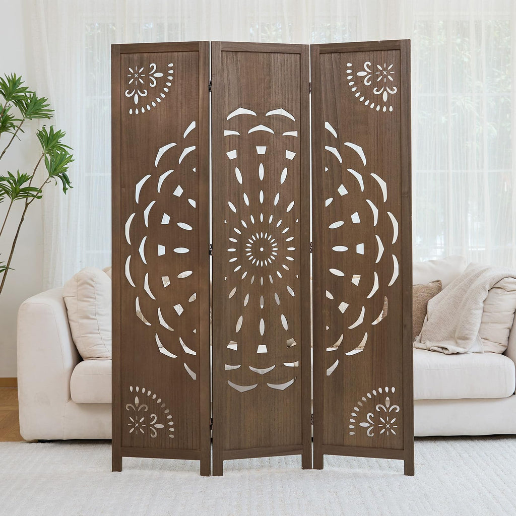 66.9Inch Wooden Room Partition - 3 Panels Boho-Styled Space Room Divider /Office, Headboard & Yoga/Photo/Video Call