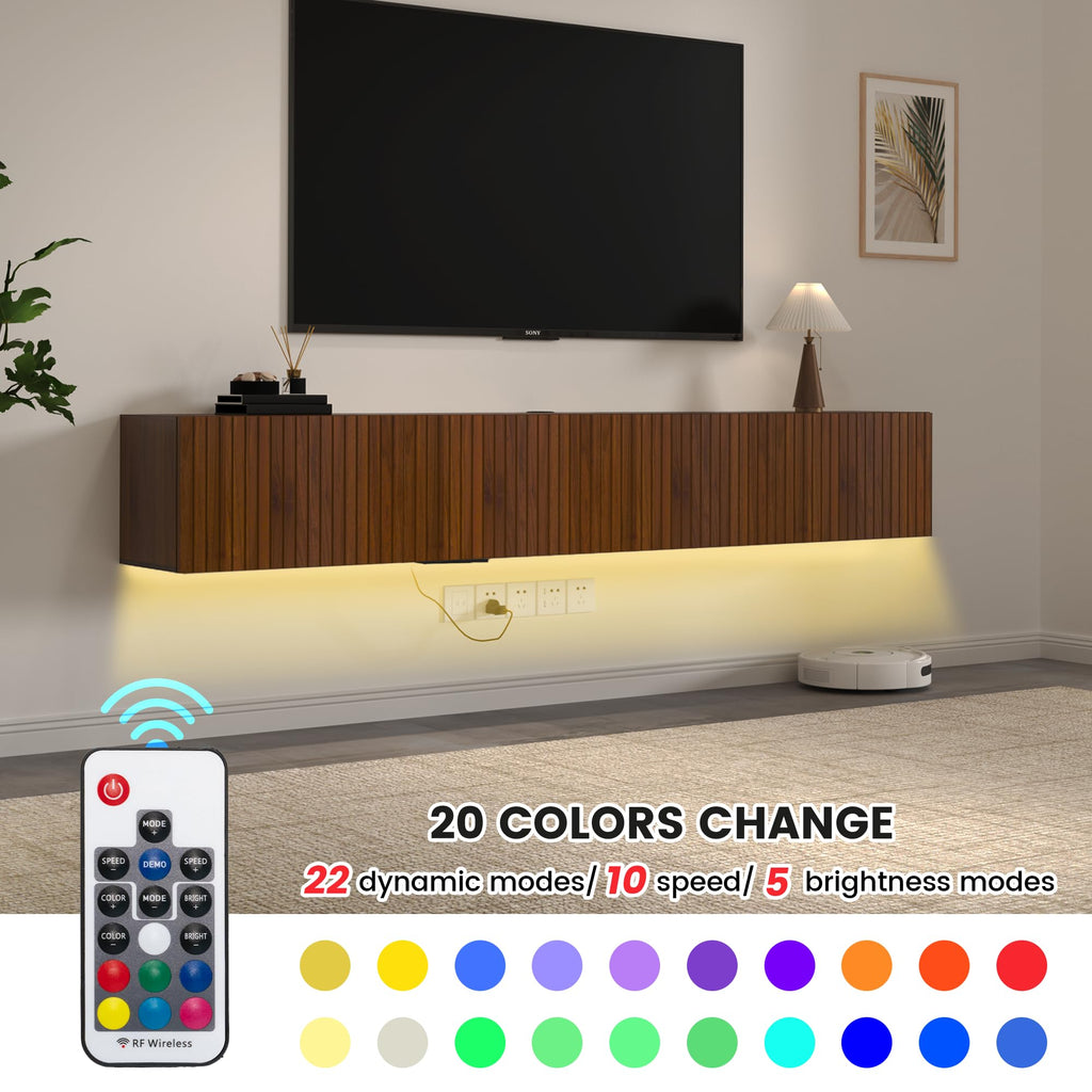 82" Floating TV Stand with LED Lights & Charging Station for 80 inch TV, Wall Mounted Entertainment Center, Modern