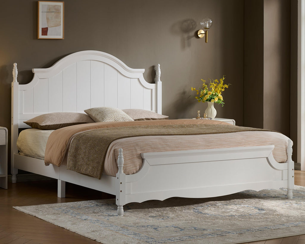 Solid Wood Poster Bed, 55" Arched Headboard, White
