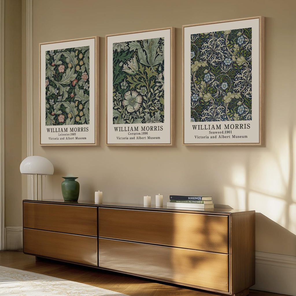 Large Framed Vintage Green William Morris Wall Art, 3 Piece