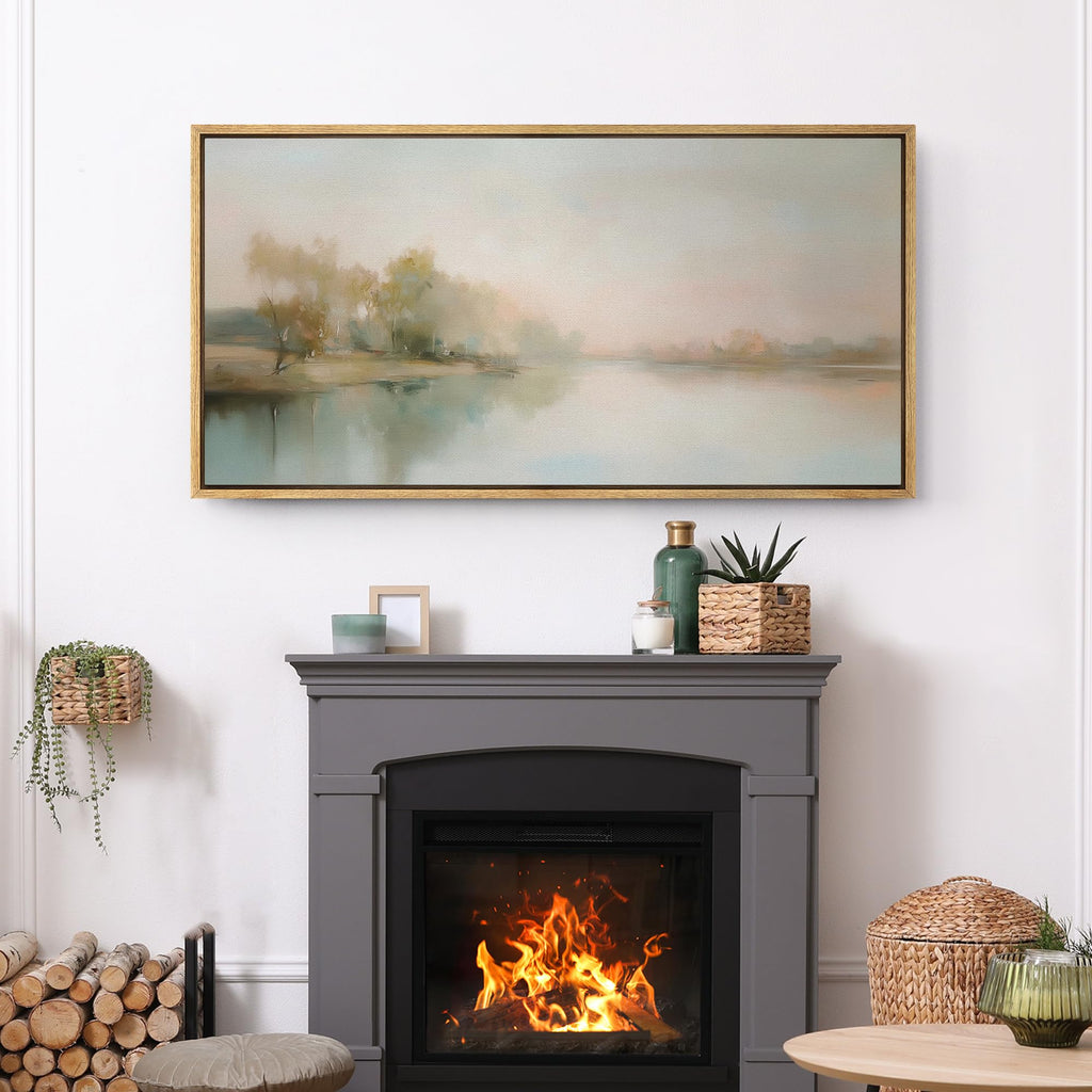 Extra Large Framed Canvas Print Wall Art Misty Lake Sunrise Soft Pastel Landscape Illustrations Modern Art Calm Warm