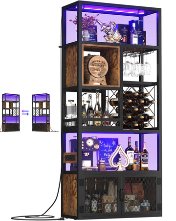 82.6" Tall Bar Cabinet with Power Outlets & LED Lights, Liquor Cabinet Bar, Reversible Coffee Station Wine Cabinet
