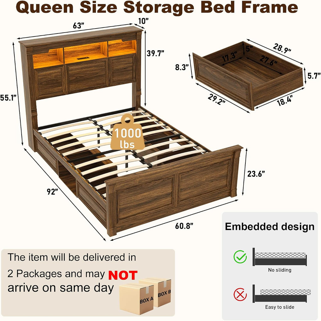 Farmhouse Queen Bed Frame with 55" Tall Storage Headboard & 4 Drawers, Wood Roman Column Platform Bed Frame with 24"