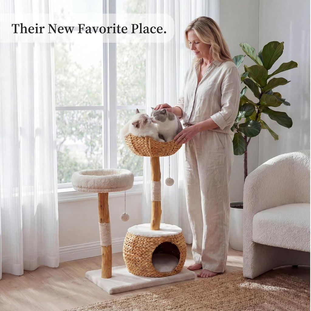 Modern Cat Tree Tower with Cave, Real Wood Cat Scratching Post with Bed for Indoor Cats Large Adult, Solid Wooden