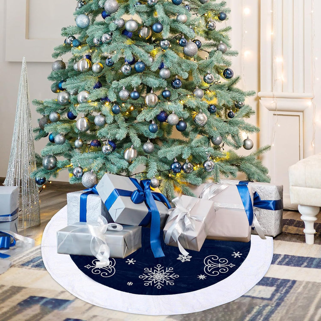 48inch Christmas Tree Skirt Navy Blue Luxury Velvet Plush Fur Skirts Snow Sequin Embroidery Tree Skirts with White