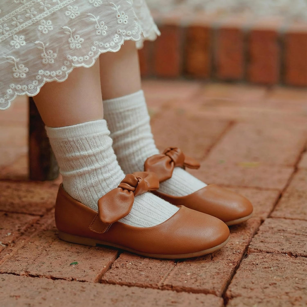 Girls Mary Jane Dress Shoes Ballerina Flats - Toddler/Little Kid Bow Decor for School & Daily Wear Comfortable