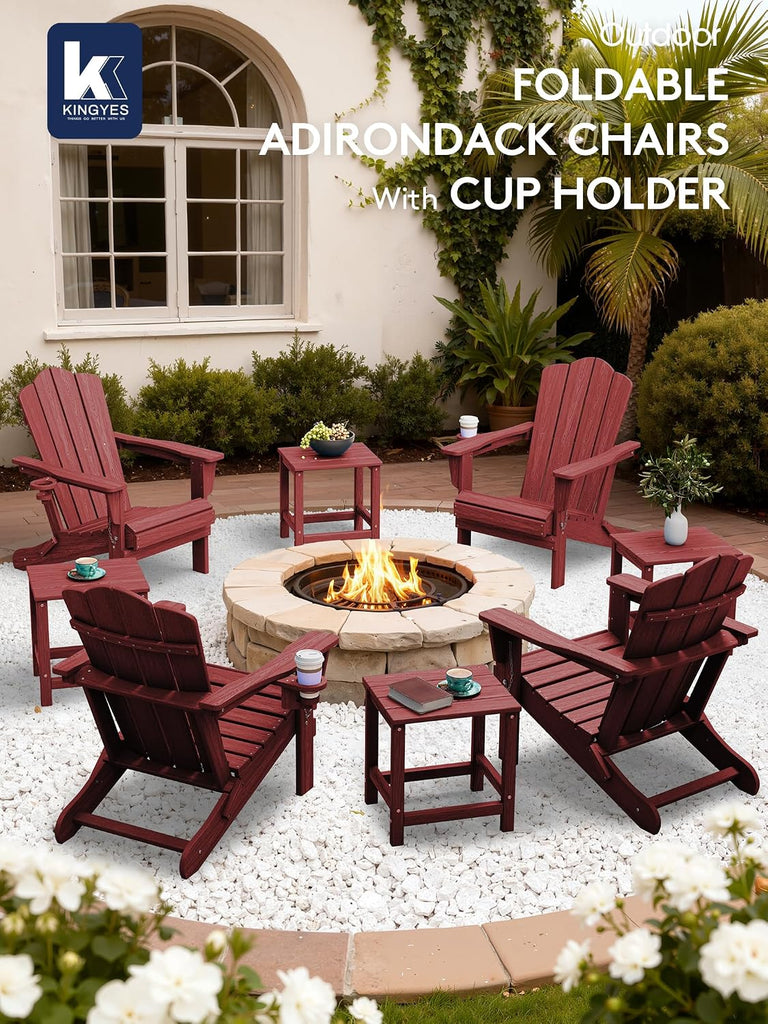 Folding Adirondack Chair Set of 4 with Cup Holder, Red | HDPE All-Weather Patio Chairs, Wooden Textured Lawn Chair