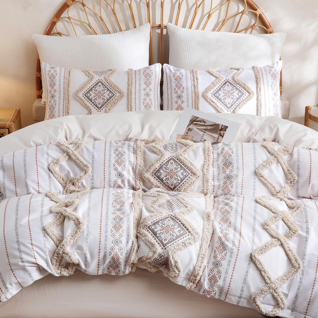 Beige 100% Cotton Boho Duvet Cover Set Queen Size, 3-Piece Tufted Textured Modern Boho Moroccan Bedding, Aztec