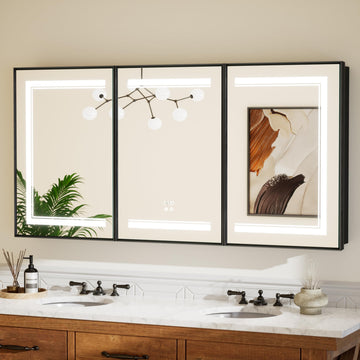 Black Lighted Medicine Cabinet Mirror 60 x 30 Led Medicine Cabinet Recessed or Wall Mounted with 3 Door, Tempered