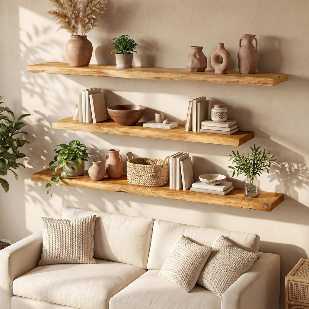 48" Live Edge Floating Shelf, Solid Elm Wood Wall Shelf