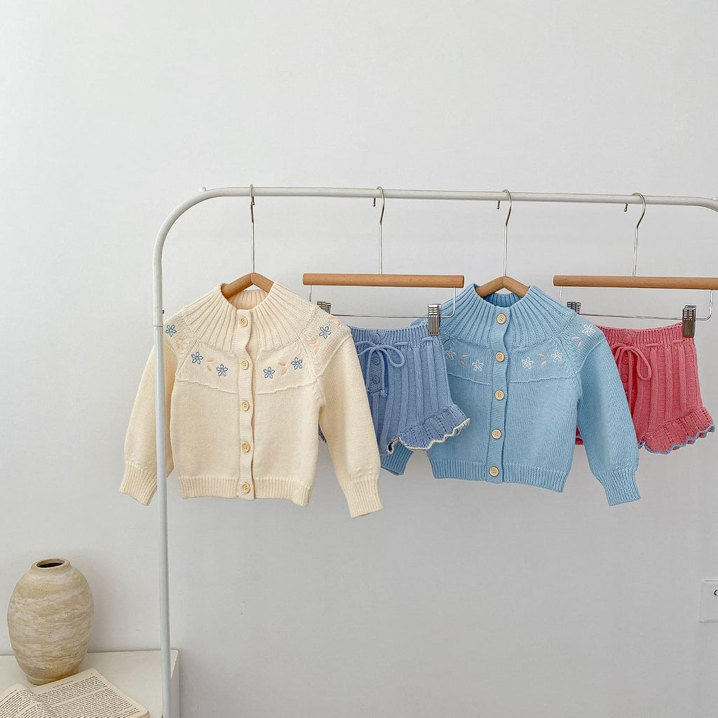 Kids Knitted Cardigan Sweater and Short set, Long Sleeve, Toddler Girls Clothes, Beige, Blue (US, Age, 18 Months, 24