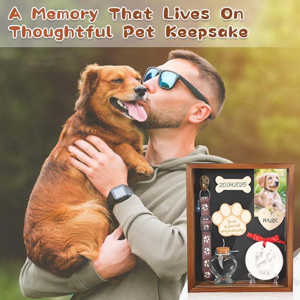 Pet Memorial Shadow Box Dog Memorial Shadow Box Picture Frame with Clay Pet Paw Heart Glass Bottle Wooden Decorations