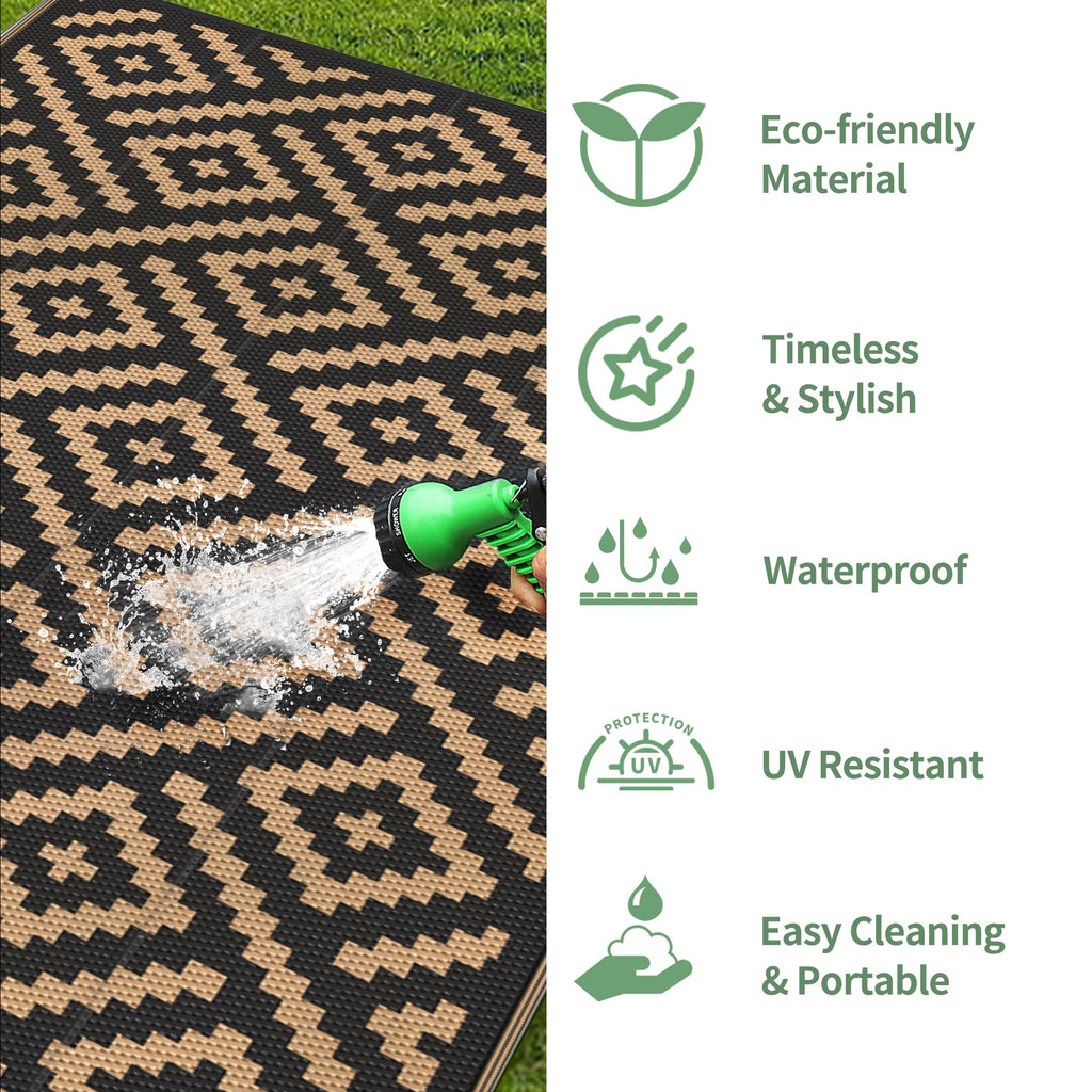 Outdoor Rug, Waterproof Plastic Rugs, 8'x10' Black Brown
