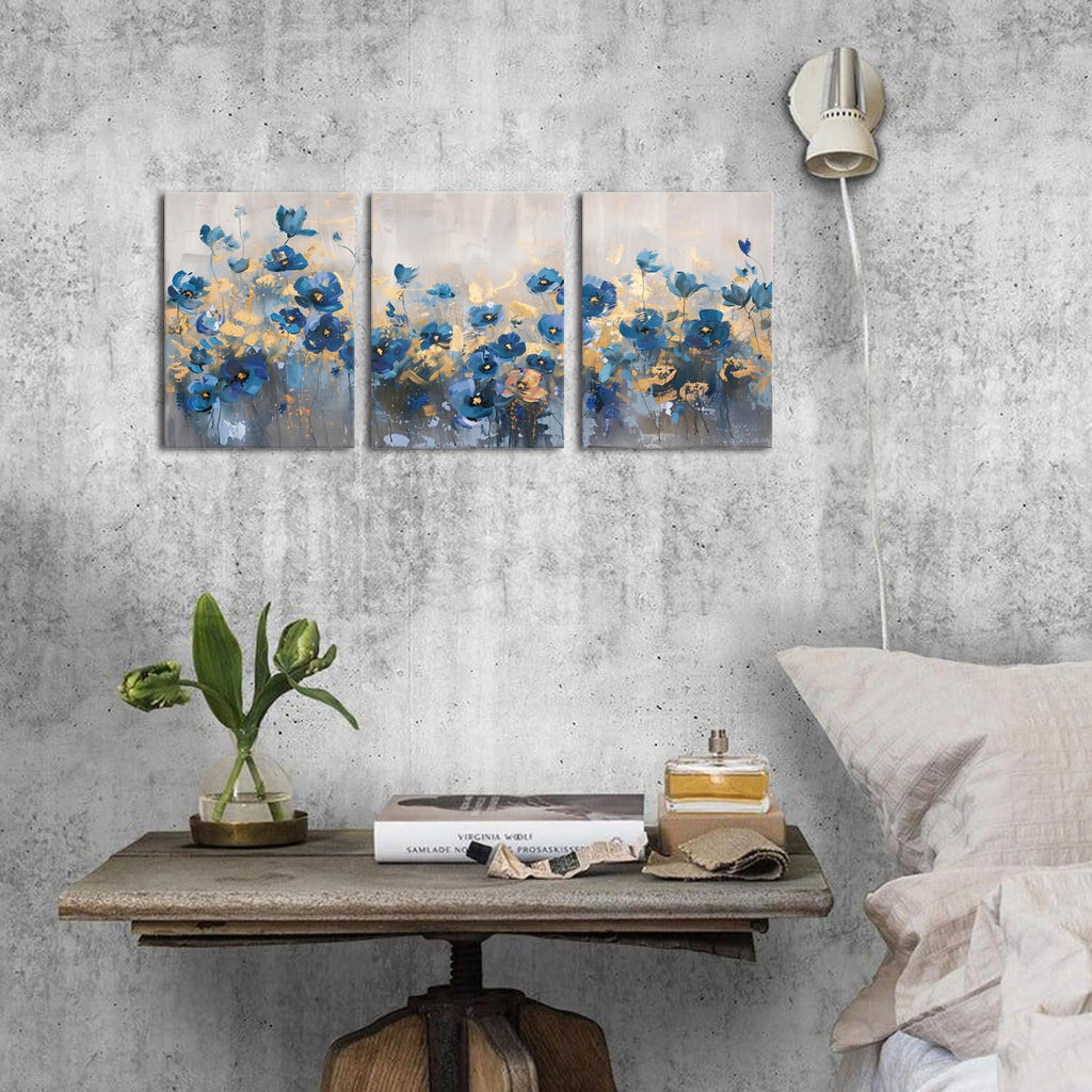 Abstract Blue Flower Wall Art Navy Blue and Gold Floral Wall Decor Modern Gold Blue Wildflower Canvas Prints Decor