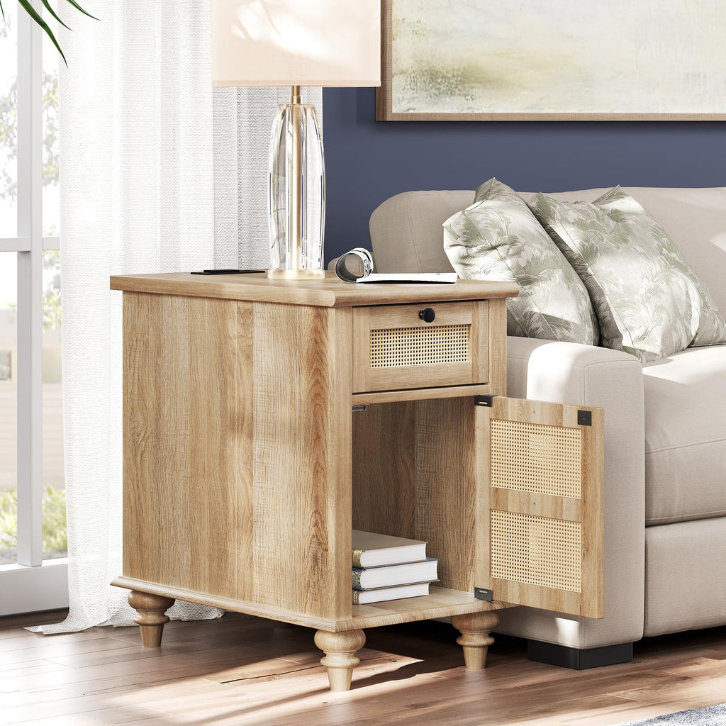 Tall Side Table with Charging Station, Rattan Night Stand with Drawer & Cabinet, Narrow Wooden with Power Outlets &