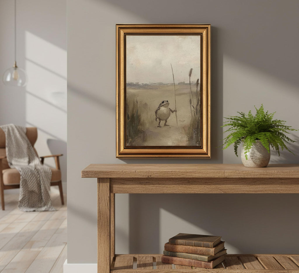 Vintage Gold Framed-Funny Whimsical Frog Traveler Wall Art, Eclectic Frog Canvas Prints, Retro Farmhouse Animal